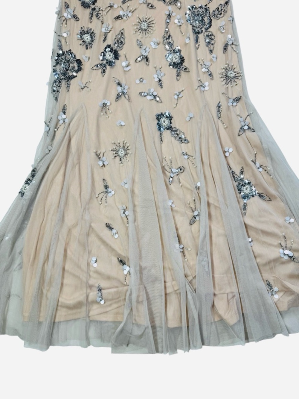 NWT New $299 Adrianna Papell Floral Beaded Ankle Length Gown In Silver Nude 14 - Picture 4 of 9